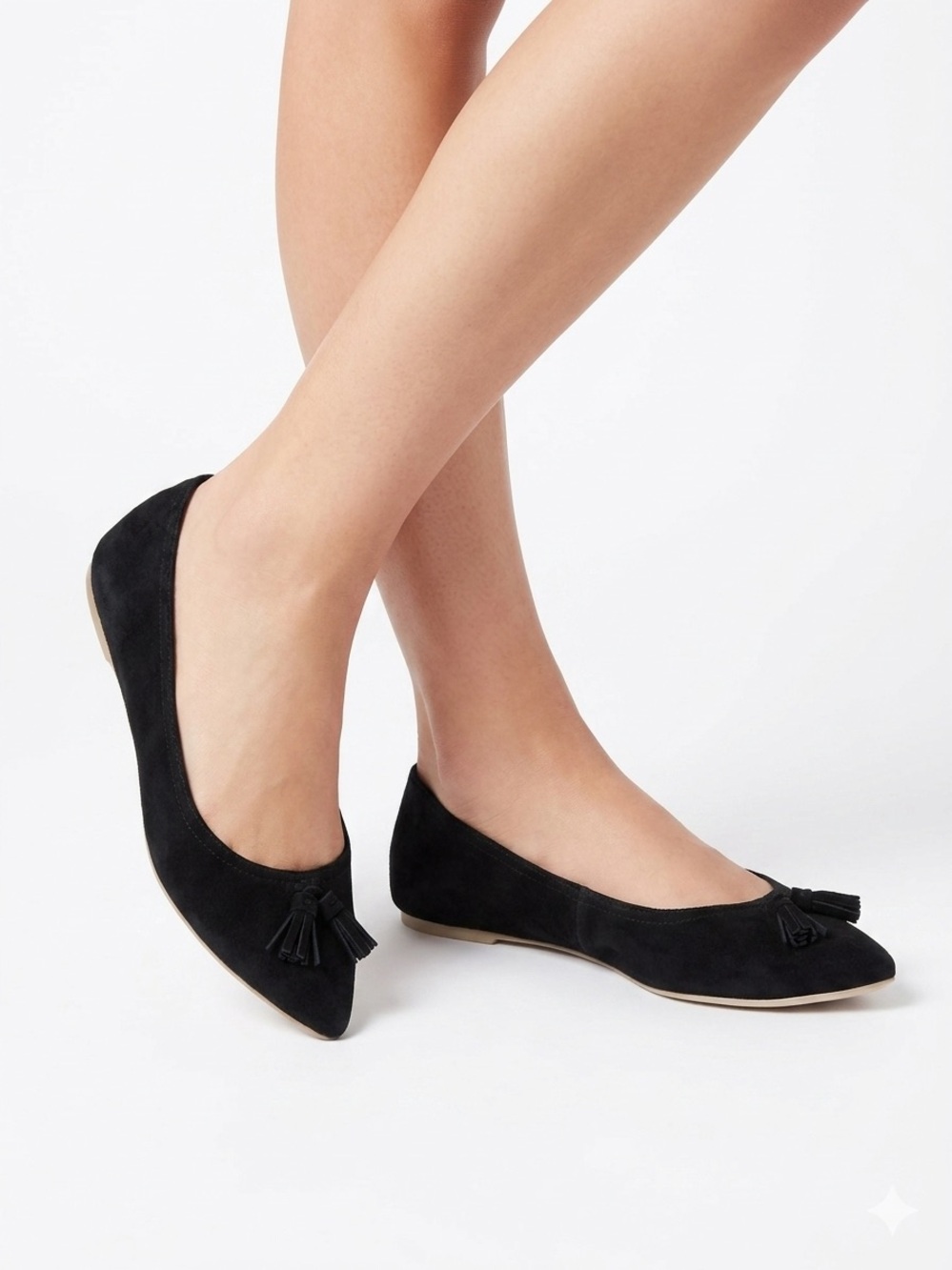 Women's Black Suede Pointed Toe Tassel Ballet Flats - Picture 1 of 16